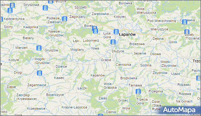 mapa Grabie gmina Łapanów, Grabie gmina Łapanów na mapie Targeo