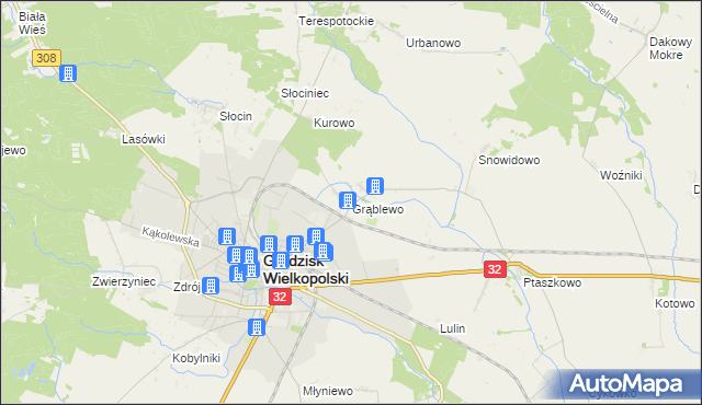 mapa Grąblewo gmina Grodzisk Wielkopolski, Grąblewo gmina Grodzisk Wielkopolski na mapie Targeo