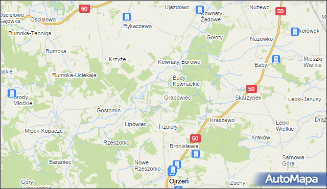 mapa Grabówiec gmina Ojrzeń, Grabówiec gmina Ojrzeń na mapie Targeo
