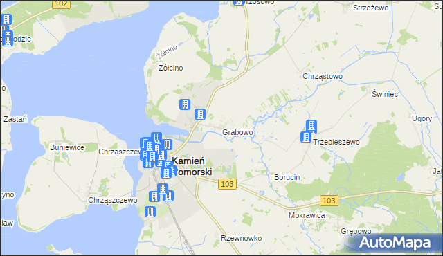 mapa Grabowo gmina Kamień Pomorski, Grabowo gmina Kamień Pomorski na mapie Targeo