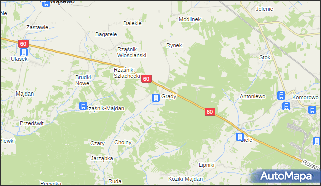 mapa Grądy gmina Wąsewo, Grądy gmina Wąsewo na mapie Targeo