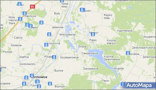 mapa Grobla gmina Rozprza, Grobla gmina Rozprza na mapie Targeo