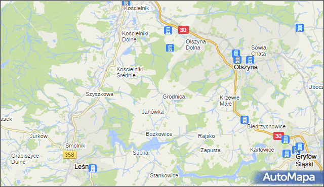 mapa Grodnica gmina Olszyna, Grodnica gmina Olszyna na mapie Targeo