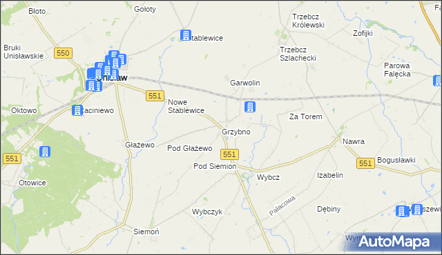 mapa Grzybno gmina Unisław, Grzybno gmina Unisław na mapie Targeo