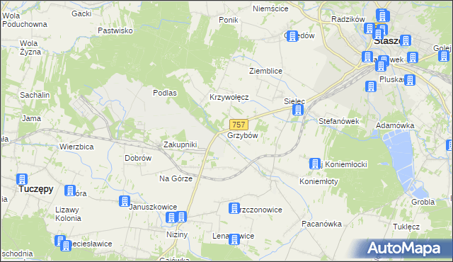 mapa Grzybów gmina Staszów, Grzybów gmina Staszów na mapie Targeo