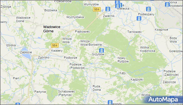 mapa Grzybów gmina Wadowice Górne, Grzybów gmina Wadowice Górne na mapie Targeo