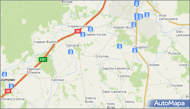 mapa Grzymały gmina Zambrów, Grzymały gmina Zambrów na mapie Targeo