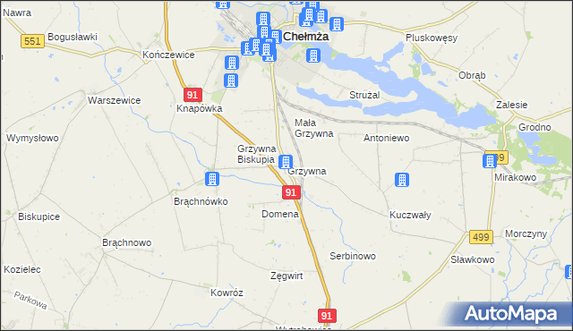 mapa Grzywna gmina Chełmża, Grzywna gmina Chełmża na mapie Targeo