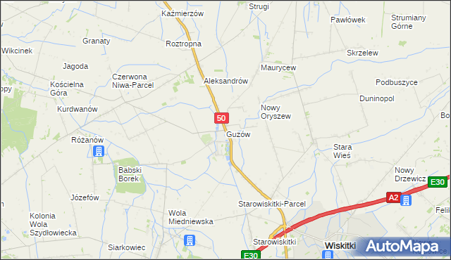 mapa Guzów gmina Wiskitki, Guzów gmina Wiskitki na mapie Targeo