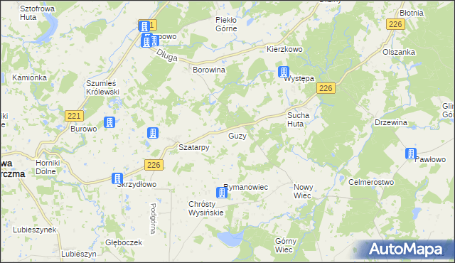 mapa Guzy gmina Nowa Karczma, Guzy gmina Nowa Karczma na mapie Targeo