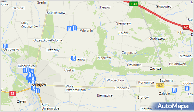 mapa Hipolitów gmina Uniejów, Hipolitów gmina Uniejów na mapie Targeo