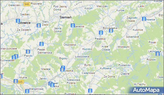 mapa Hucisko gmina Stryszawa, Hucisko gmina Stryszawa na mapie Targeo