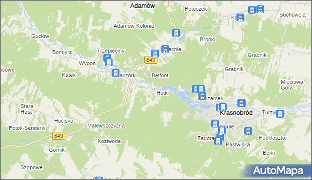 mapa Hutki gmina Krasnobród, Hutki gmina Krasnobród na mapie Targeo