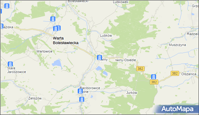 mapa Iwiny gmina Warta Bolesławiecka, Iwiny gmina Warta Bolesławiecka na mapie Targeo