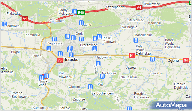 mapa Jadowniki gmina Brzesko, Jadowniki gmina Brzesko na mapie Targeo