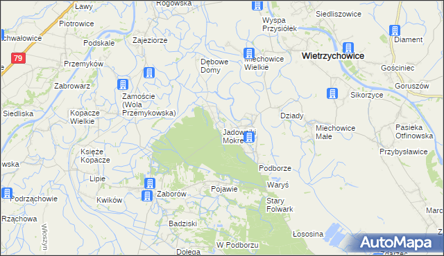 mapa Jadowniki Mokre gmina Wietrzychowice, Jadowniki Mokre gmina Wietrzychowice na mapie Targeo