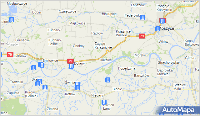 mapa Jaksice gmina Koszyce, Jaksice gmina Koszyce na mapie Targeo
