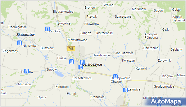 mapa Jakubowice gmina Działoszyce, Jakubowice gmina Działoszyce na mapie Targeo