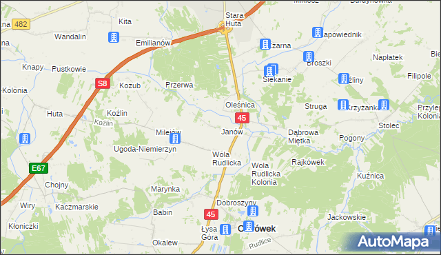 mapa Janów gmina Ostrówek, Janów gmina Ostrówek na mapie Targeo