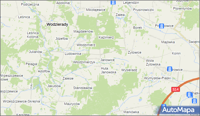 mapa Janowice gmina Pabianice, Janowice gmina Pabianice na mapie Targeo