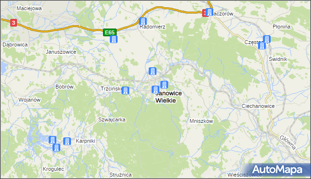 mapa Janowice Wielkie, Janowice Wielkie na mapie Targeo