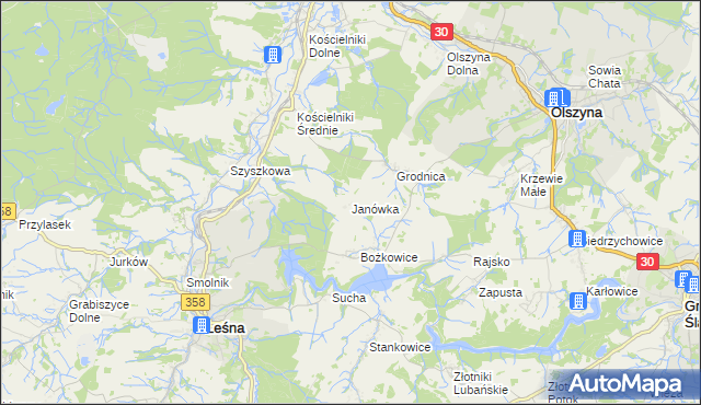 mapa Janówka gmina Leśna, Janówka gmina Leśna na mapie Targeo