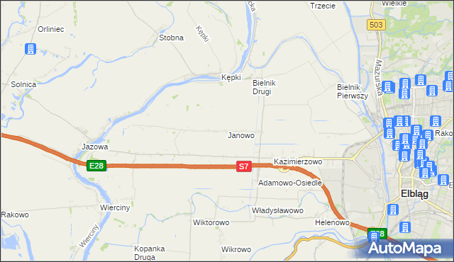 mapa Janowo gmina Elbląg, Janowo gmina Elbląg na mapie Targeo