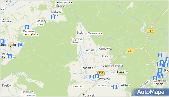 mapa Jaroszki gmina Pionki, Jaroszki gmina Pionki na mapie Targeo