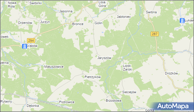 mapa Jaryszów gmina Jasień, Jaryszów gmina Jasień na mapie Targeo