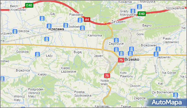 mapa Jasień gmina Brzesko, Jasień gmina Brzesko na mapie Targeo