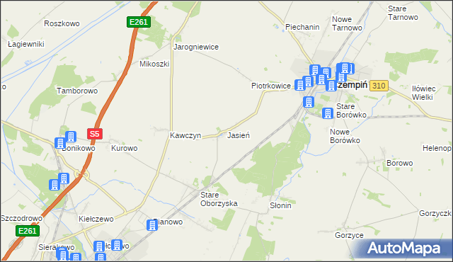 mapa Jasień gmina Czempiń, Jasień gmina Czempiń na mapie Targeo