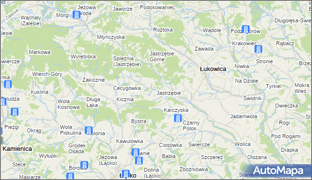 mapa Jastrzębie gmina Łukowica, Jastrzębie gmina Łukowica na mapie Targeo