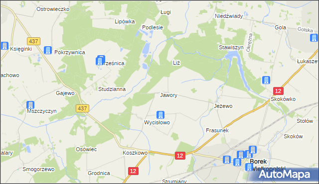 mapa Jawory gmina Borek Wielkopolski, Jawory gmina Borek Wielkopolski na mapie Targeo