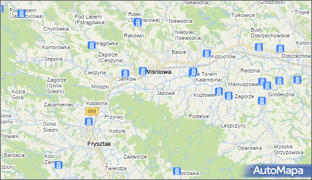 mapa Jazowa gmina Wiśniowa, Jazowa gmina Wiśniowa na mapie Targeo