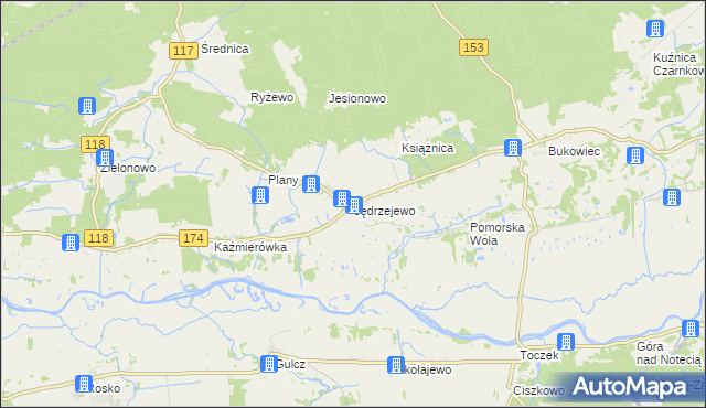 mapa Jędrzejewo gmina Czarnków, Jędrzejewo gmina Czarnków na mapie Targeo