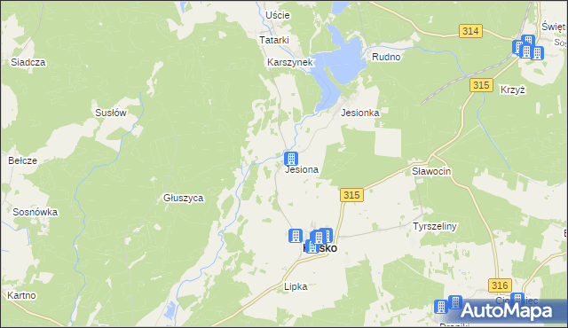 mapa Jesiona gmina Kolsko, Jesiona gmina Kolsko na mapie Targeo