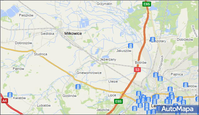 mapa Jezierzany gmina Miłkowice, Jezierzany gmina Miłkowice na mapie Targeo