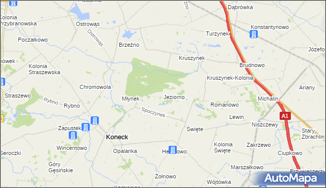 mapa Jeziorno gmina Koneck, Jeziorno gmina Koneck na mapie Targeo