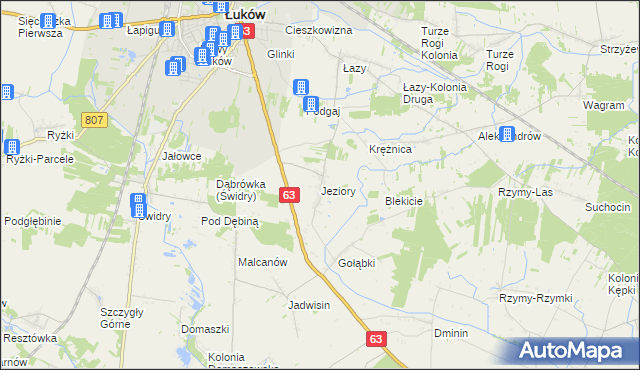 mapa Jeziory gmina Łuków, Jeziory gmina Łuków na mapie Targeo