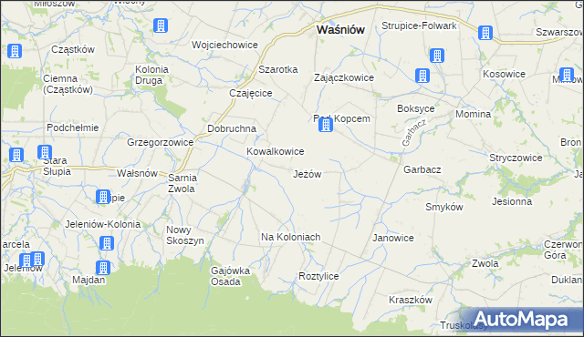 mapa Jeżów gmina Waśniów, Jeżów gmina Waśniów na mapie Targeo