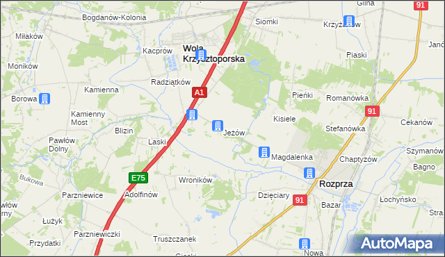 mapa Jeżów gmina Wola Krzysztoporska, Jeżów gmina Wola Krzysztoporska na mapie Targeo