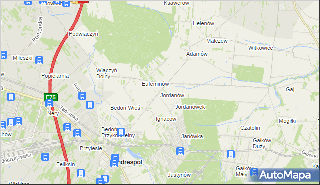 mapa Jordanów gmina Brzeziny, Jordanów gmina Brzeziny na mapie Targeo