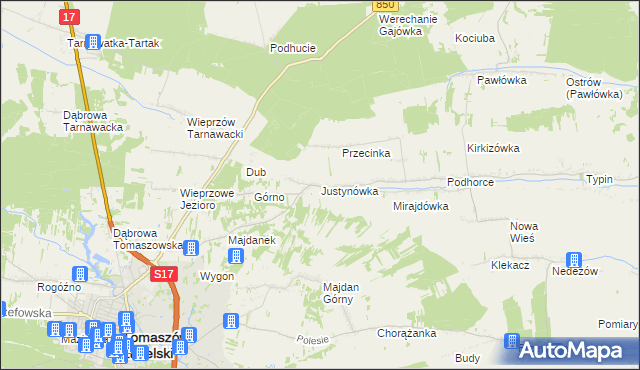 mapa Justynówka gmina Tomaszów Lubelski, Justynówka gmina Tomaszów Lubelski na mapie Targeo