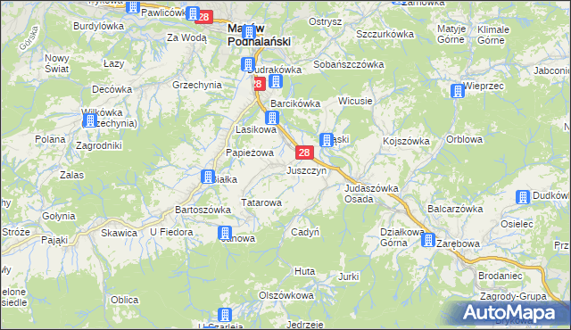 mapa Juszczyn gmina Maków Podhalański, Juszczyn gmina Maków Podhalański na mapie Targeo