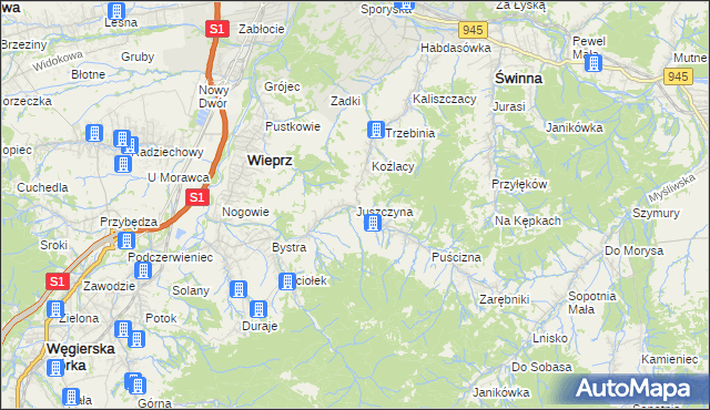 mapa Juszczyna, Juszczyna na mapie Targeo