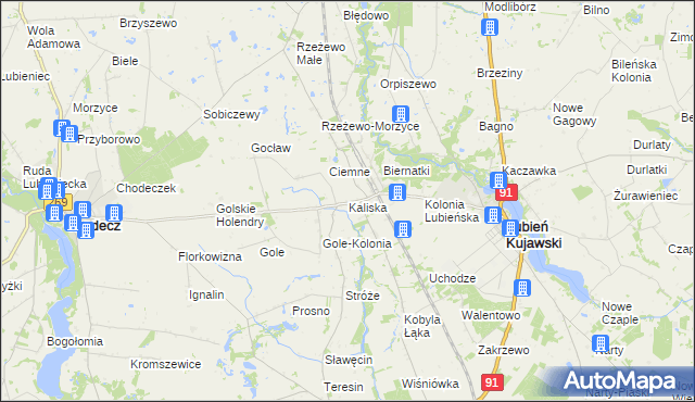 mapa Kaliska gmina Lubień Kujawski, Kaliska gmina Lubień Kujawski na mapie Targeo