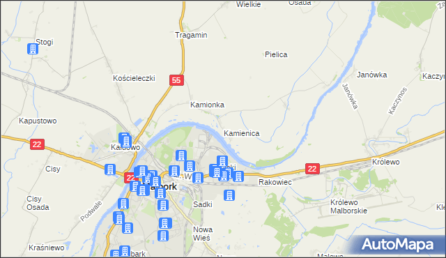 mapa Kamienica gmina Malbork, Kamienica gmina Malbork na mapie Targeo