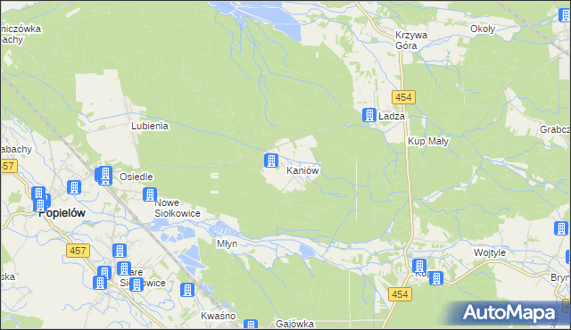 mapa Kaniów gmina Popielów, Kaniów gmina Popielów na mapie Targeo