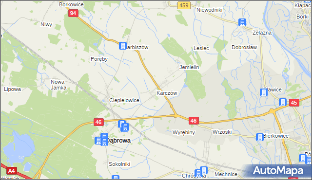 mapa Karczów gmina Dąbrowa, Karczów gmina Dąbrowa na mapie Targeo