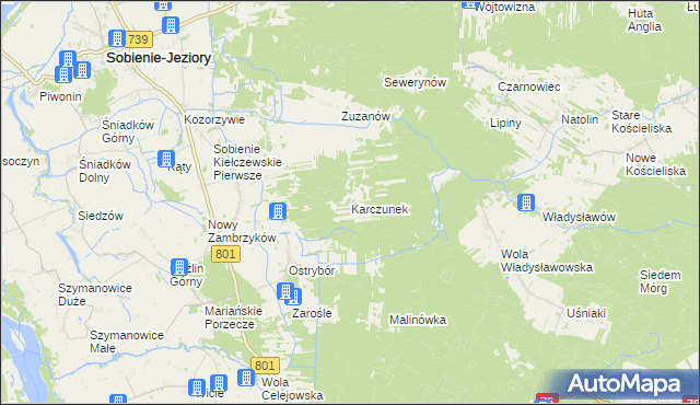 mapa Karczunek gmina Sobienie-Jeziory, Karczunek gmina Sobienie-Jeziory na mapie Targeo
